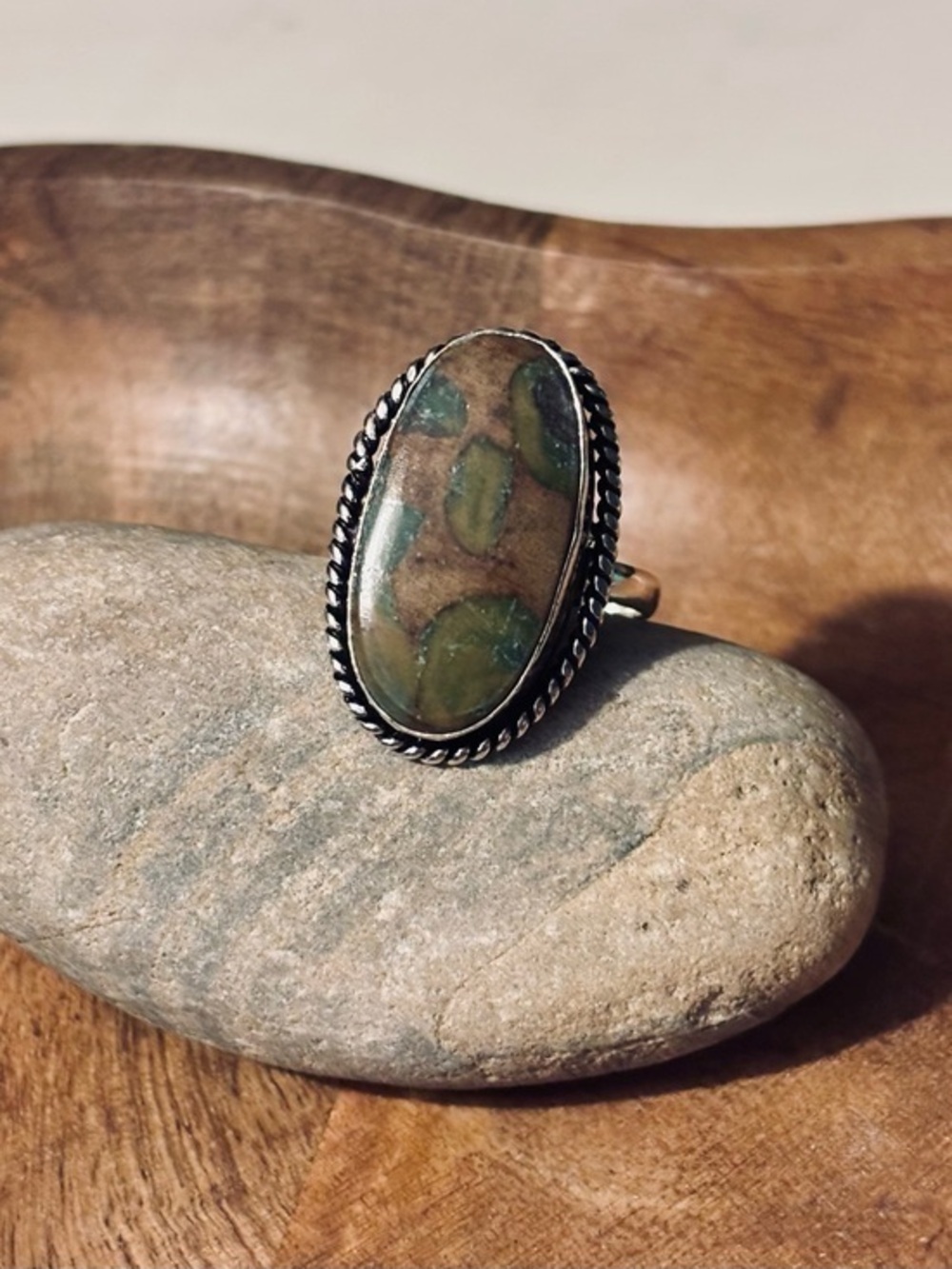 Boho Sterling Silver Plated Oval Jasper Statement Ring Earth Tone Artisan - 10